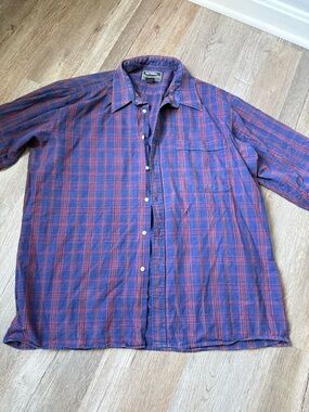 VTG NATIONAL OUTFITTERS Blue Red Purple Plaid Button-Up Flannel Shirt Size L XL
